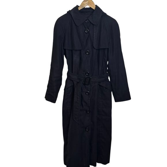 Vintage Jones New York Medium Petite Black Trench Coat Belted Detachable Hood - Picture 1 of 8